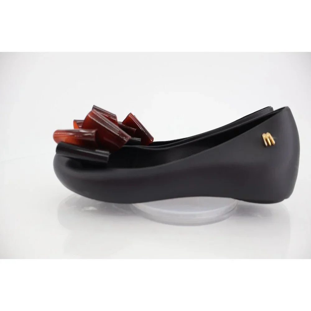 Melissa Girl Ultragirl Triple Bow Flats Matte Black Tortoiseshell Bow Size 2